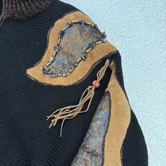Vtg 80s Christine Knit Jacket Zip Sweater Embellished Beaded Suede Wool Tassels - Picture 3 of 7